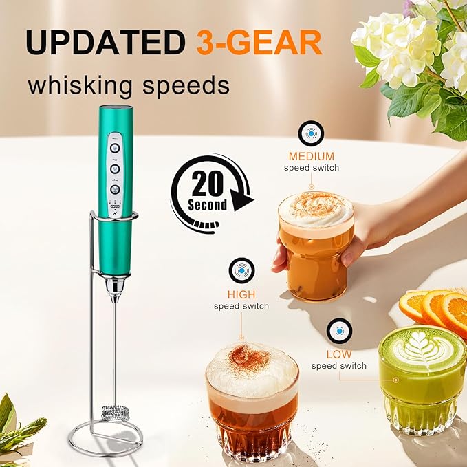 YUSWKO Handheld Milk Frother for Coffee, Rechargeable Drink Mixer with 3 Heads 3 Speeds Electric Coffee Frother For Latte, Cappuccino, Hot Chocolate, Egg