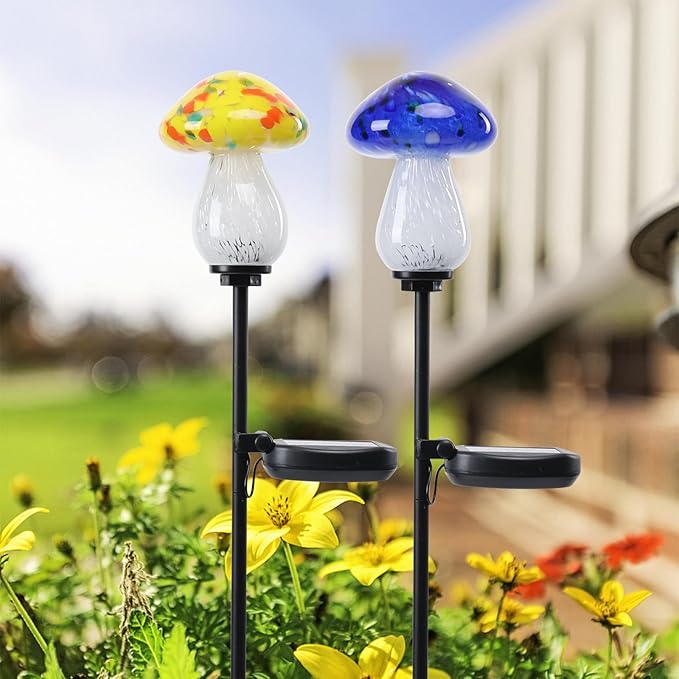 Bshine Mushroom Solar Outdoor Lights, 2 Pack Mushroom Solar Lights Handmade Blown Glass Waterproof Metal Stakes Decoration Garden, Outdoor Yard Art Decoration Pathway, Lawn Ornaments, Gift for Mom