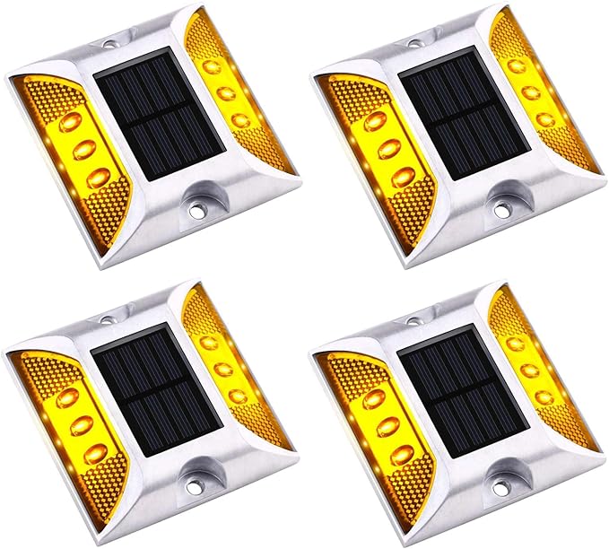 Aolyty Solar Driveway Dock Lights, IP68 Waterproof Solar Deck Lights Outdoor Warning Step Lights Reflective Road Marker for Sidewalk Stair Garden Pathway Walkway (4 Pack, Yellow)