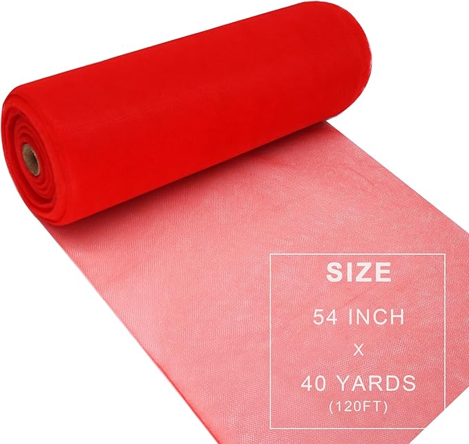 Red Tulle Fabric Roll Spool Bolt (54 Inch by 40 Yards) Large Tulle Wedding Party Decoration, Tutu Skirt, Table Runner, Gift Wrapping, Bridal Shower, Soft & Drape (Red)