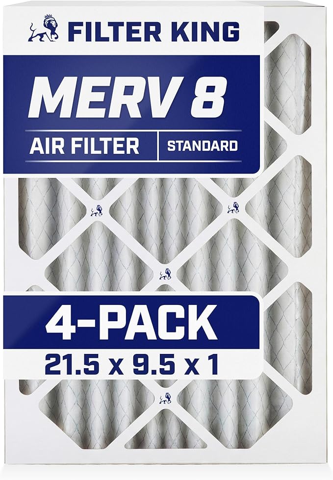 Filter King 21.5x9.5x1 Air Filter | 4-PACK | MERV 8 HVAC Pleated A/C Furnace Filters | MADE IN USA | Actual Size: 21.5 x 9.5 x .75"
