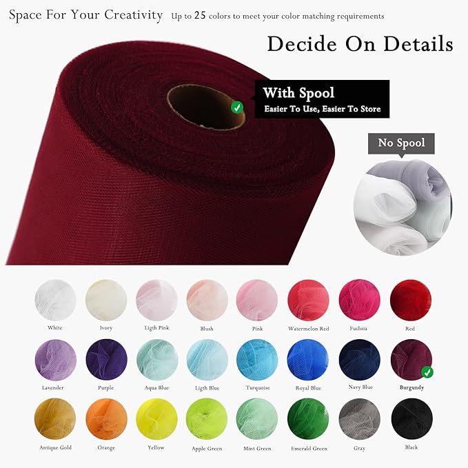 Burgundy Tulle Fabric Rolls 54 Inch by 40 Yards Tulle Bolt Spool for Wedding Decorations DIY Tutu Baby Shower Table Skirt Ceiling Decor Birthday Party Craft Supplies