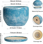 SQOWL Ceramic Planters - 10 Inch Plant Pot Indoor with Drainage Hole and Saucer, Decorative Flower Pot Outdoor, Round Large Planter, Living Room Office Garden Decor, Plant Lover Gifts for Women, Blue