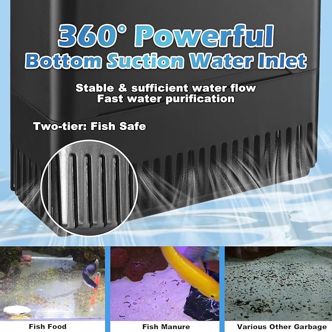 Turtle Tank Filter Aquarium Filter Power Adjustable 20-75 Gal. 290GPH Large Internal Filter 3-Stage Waterfall Bio-Filtration Low Water Level for Freshwater Saltwater Fish Tank Reptile Shrimp Frog
