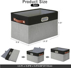 Large Collapsible Fabric Storage Bins with 3 Handles, Foldable Organizer Baskets for Closet, Shelves, Living Room | 3 Pack, Durable PU & Metal Handles (14.9"x9.8"x9.8", Black & Gray)