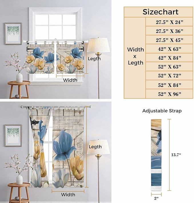 Blue Yellow Tulips Living Room Curtains 84 Inch Length, Window Curtains Tab Top, Retro Farmhouse Flower Barn Doors Wooden Light Filtering Window Treatments Drapes 42"x84" 2 Panel