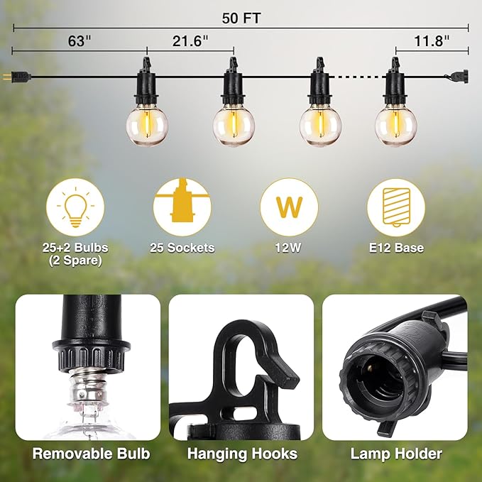 ZJOJO 50FT Outdoor String Lights, G40 Globe Outdoor Lights with 25 Shatterproof LED Bulbs 2700K,IP65 Waterproof Patio Light