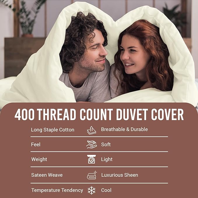 Pizuna Pure 100% Cotton Full Duvet Cover Set, Luxurious 400 Thread Count Long Staple Cotton Sateen Weave with Button Closure (Combed Off White Cotton Duvet Cover Full)