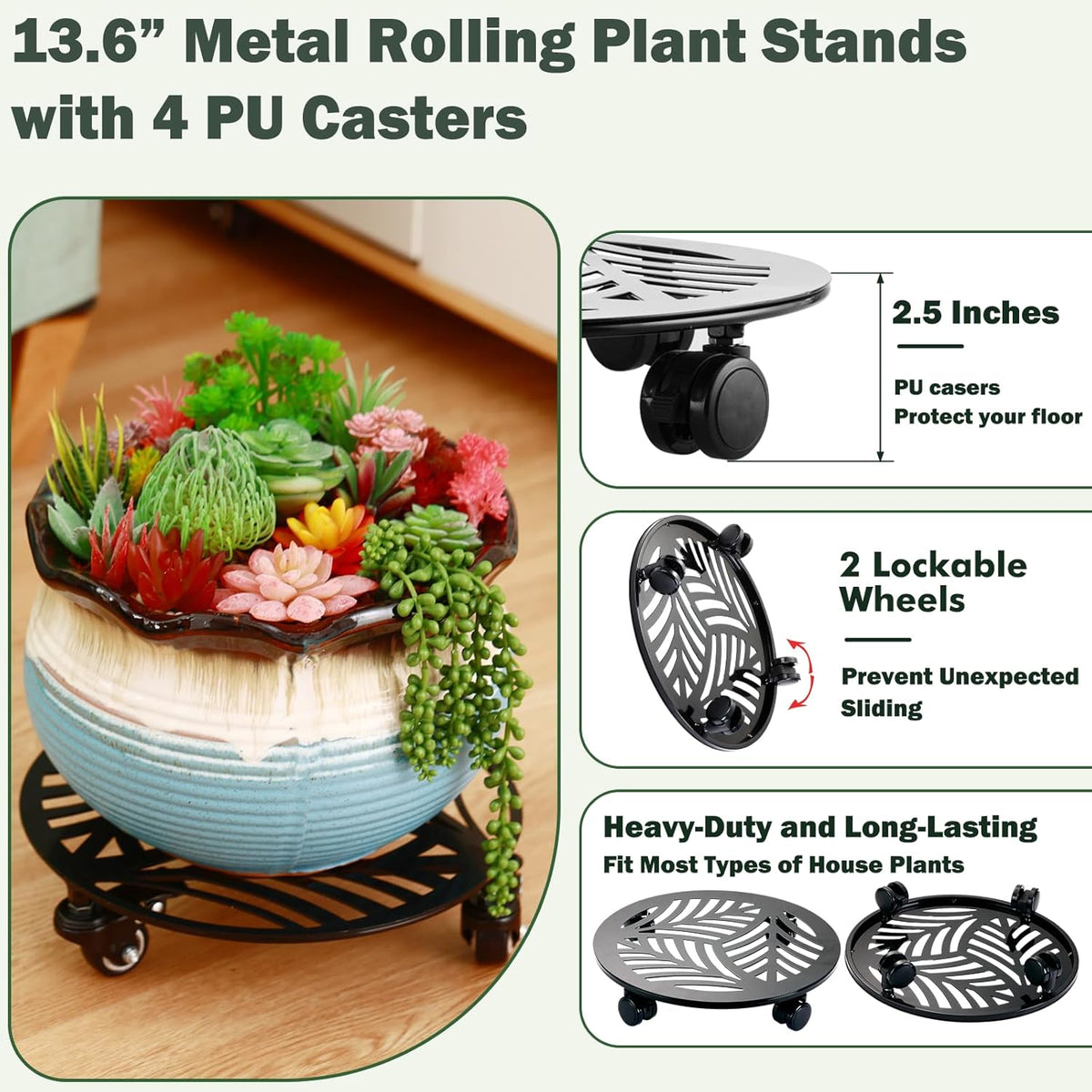 2 Packs Large Metal Plant Caddy with PU Wheels 13.6" Heavy-duty Wrought Iron Rolling Plant Stands Indoor Outdoor Wheeled Plant Dolly Planter Mover Rollers Plant, Leaf Style