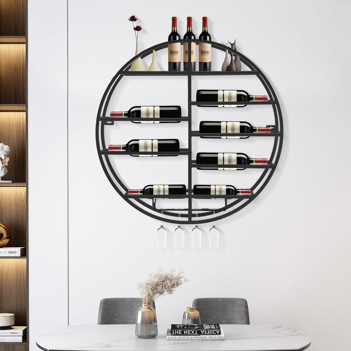 23.6 Inch Wall Mounted Wine Rack w/Glass Holder, Round Iron Wine Shelf, 7 Bottle Horizontal Storage & 4 Glass Hanging Rail, Modern Floating Display for Kitchen & Bar (Black/Gold) (Black)
