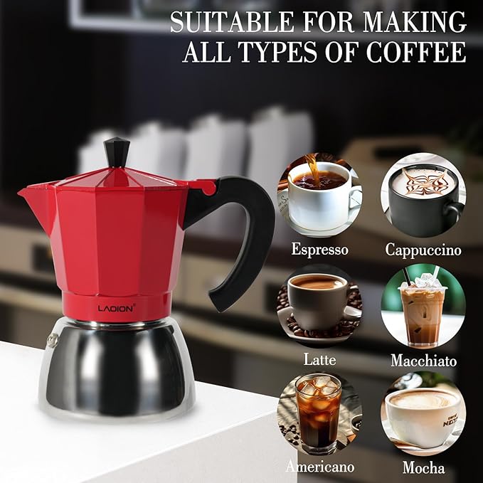 Stovetop Espresso Maker, 6Cup Moka Pot, Espresso Machine Compatible with Induction Cooktops, 300ml Stainless Steel & Aluminum Cuban Coffee Maker for Cafetera Cubana, Red
