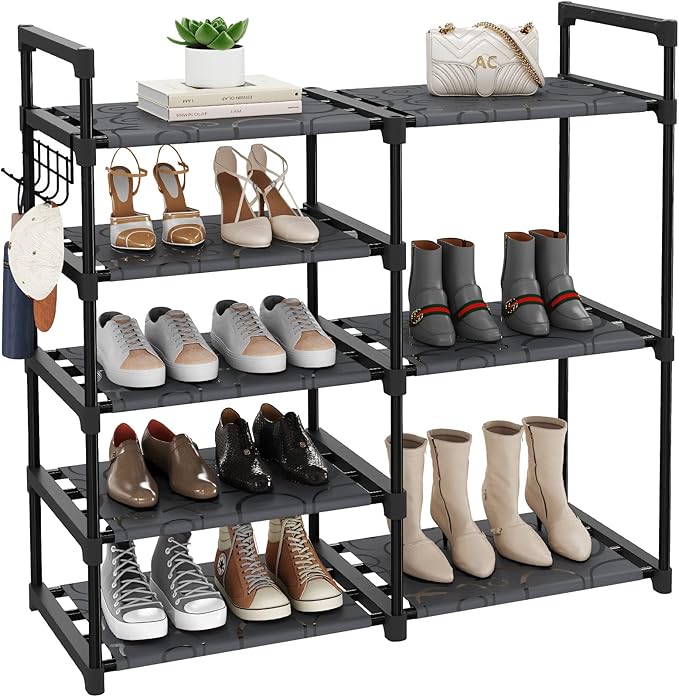 Black Tubes Closet Shoe Rack, 5 Tier Oxford Fabric Shelf, Easy Assembly, Sturdy and Durable, Holds Up to 30 lbs
