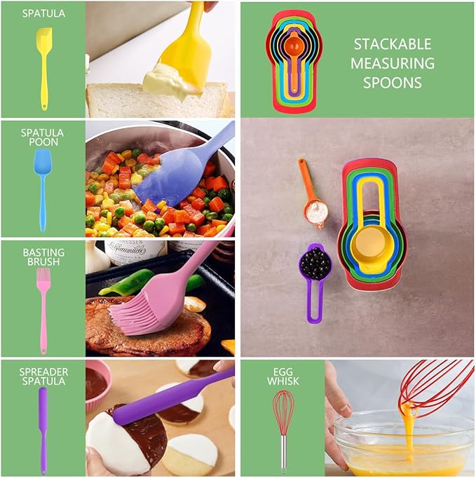 Mixing Bowls with Lids for Kitchen - 26 PCS Stainless Steel Nesting Colorful Mixing Bowls Set for Baking,Mixing,Serving & Prepping,Size 5, 3.7, 2.8, 2.3, 1.7, 1.1, 0.7QT,11 Cooking Utensils