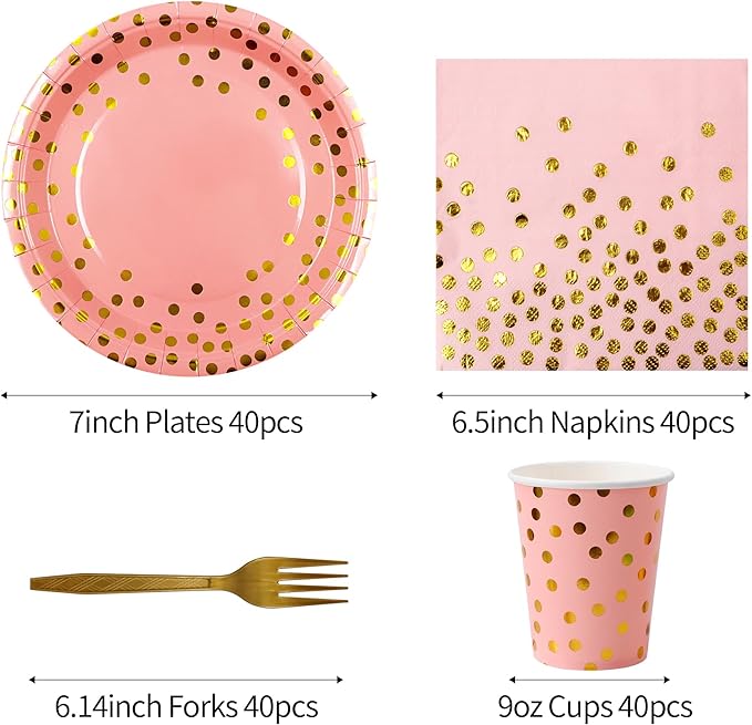 Sveikie160 Pcs Pink And Gold Paper Plates, Birthday Cake Party Plates And Napkins, Wedding Disposable Utensils For Birthday Graduation Wedding And Holiday Celebrations Serves 40 (Pink)
