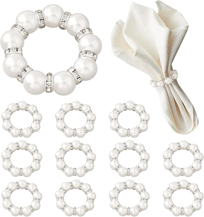 12Pcs Pearl Napkin Rings, Round Napkin Buckles Wedding Beaded White Napkin Rings Silver Napkin Ring Holder for Formal Dinner Reception Party Banquet Table Decor (Sliver)