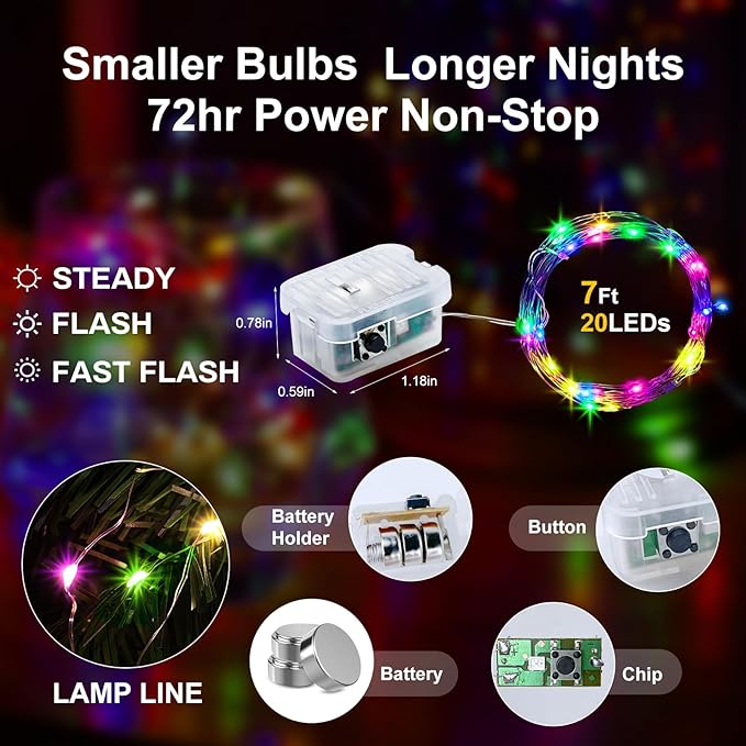 Aogist 12 Pack Fairy Lights 3 Modes 7ft 20 LED Waterproof,Battery Operated Silver Wire Firefly Starry Moon Mini String Lights for Mason Jars Christmas DIY Crafts Wedding Party Bedroom,Multicolor