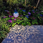 Outdoor Solar Hanging Lantern Lights Metal LED Decorative Lamp for Garden Patio Courtyard Lawn and Table with Hollowed-Out Design (Royal Purple)