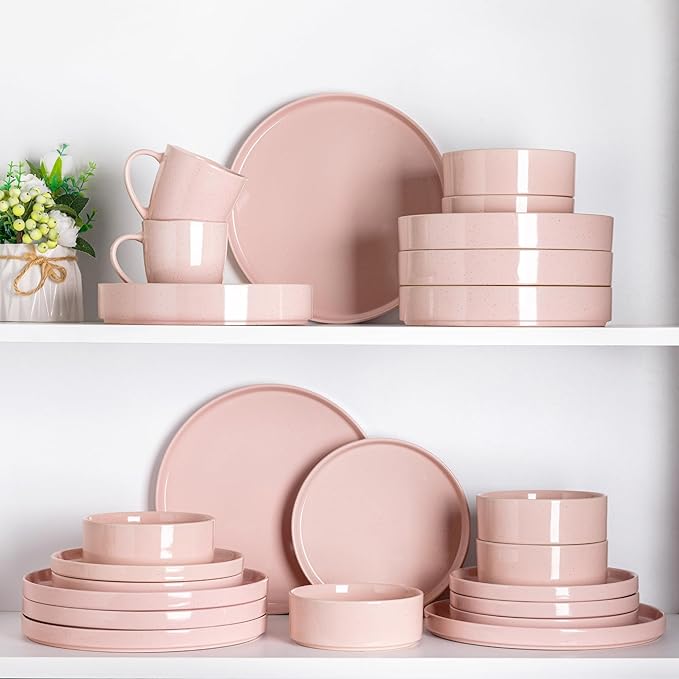 GBHOME Dinnerware Set for 6, 18 Piece Speckled Plates and Bowls Set with Glazed Bottom, Chip & Scratch Resistant Stoneware Plates Sets, Dishwasher & Microwave Safe Dishes (Pink, Service for 6)