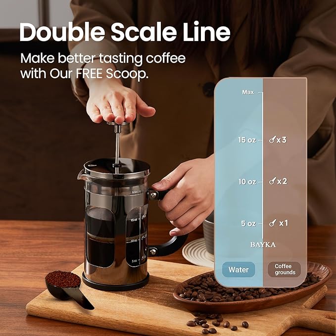 BAYKA 21 Ounce 0.6 Liter French Press Coffee Tea Maker Small, Heat Resistant Thickened Borosilicate Glass Stainless Steel Single Serve Brewer, Cold Brew Cafetera Teapot, Dark Pewter