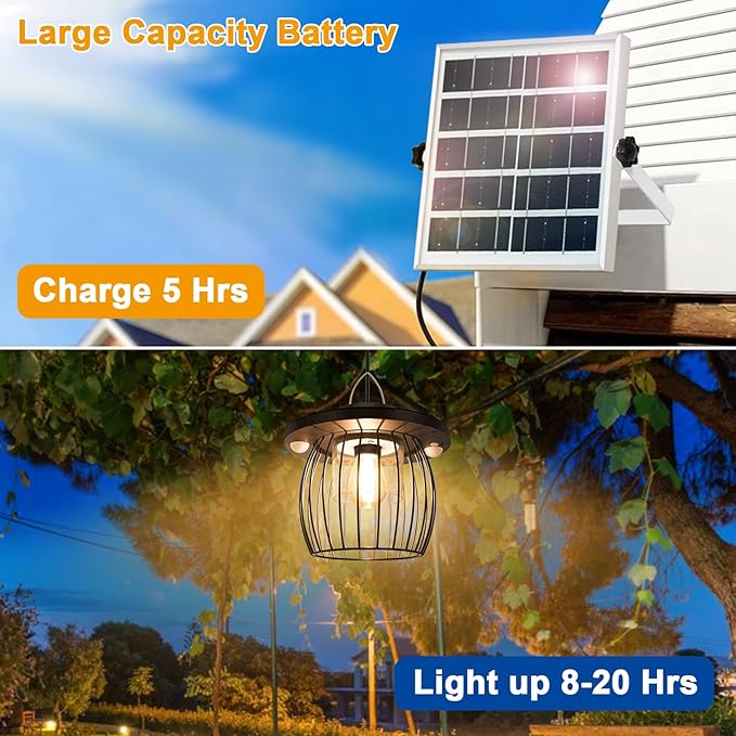 Solar Shed Lights with 2 Motion Sensors, Classic Metal Solar Chandelier Outdoor with 5 Lighting Modes, Waterproof Pendant Lamp with Remote Control for Barn, Gazebo, Garden, Patio(16.4FT Cord)