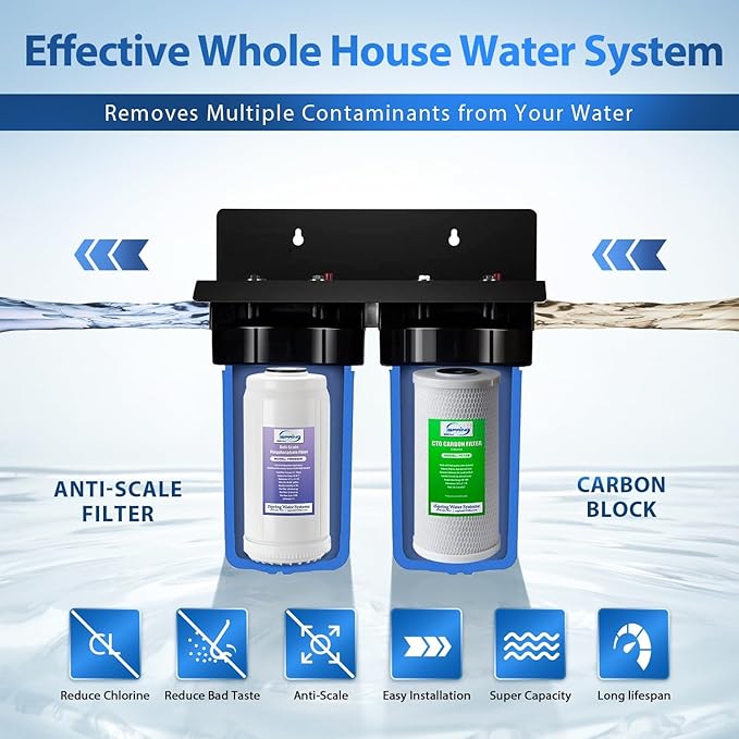 iSpring WGB21B-DS 2-Stage Whole House Water Filtration System, with 10" x 4.5" Sediment CTO(Chlorine, Taste, and Odor) Filter, Anti-Scale polyfilter, 1" Inlet/Outlet