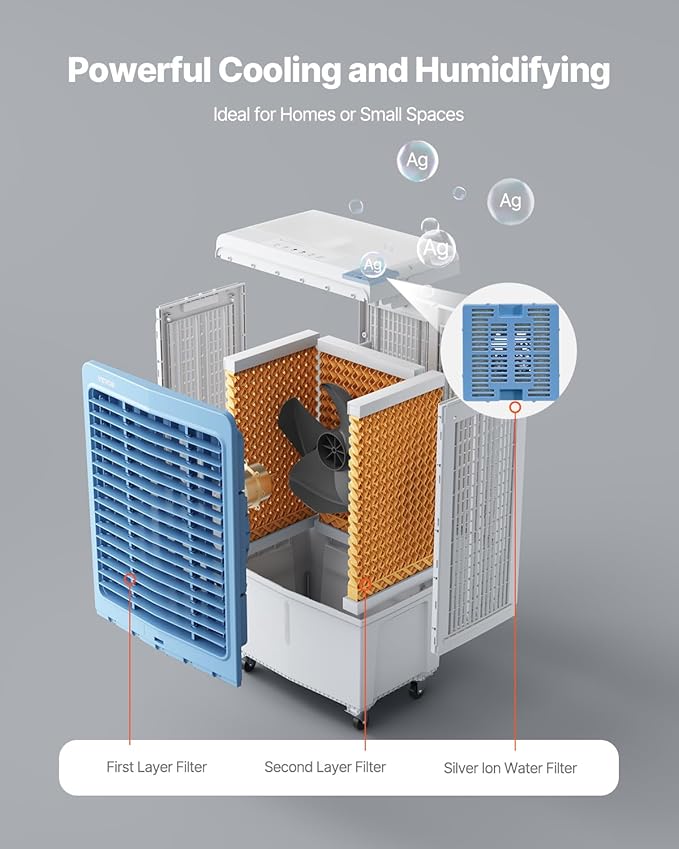 VEVOR Evaporative Air Cooler, 4129 CFM with 12.7 Gallon Water Tank Swamp Cooler, Portable Cooling Fan with Remote Control, 12H Timer, 4 Ice Boxes, Quiet Operation, 3 Wind Speeds for Outdoor Indoor Use