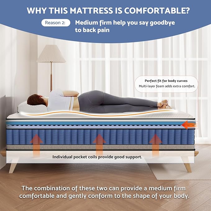 King Mattress, 14 Inch Hybrid Pillow Top King Size Mattresses in a Box with Gel Memory Foam & Individually Pocket Coils, Medium Firm Mattress for Back Pain