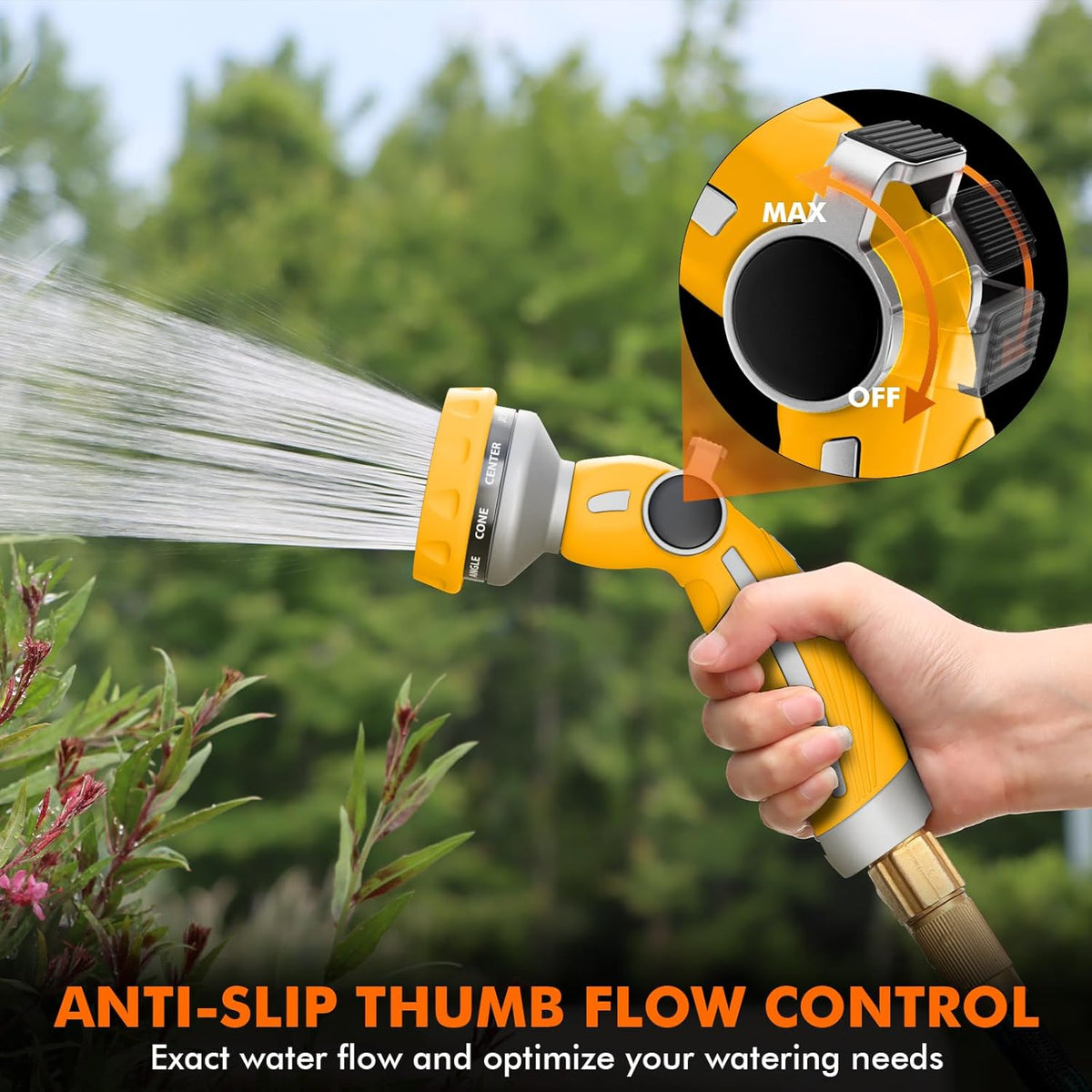 RESTMO Hose Nozzle Heavy Duty, Metal Water Hose Sprayer for Garden, 9 Spray Patterns | High Pressure | Thumb Flow Control | On/Off Valve, Ideal for Lawn & Plant Watering, Car & Pet Washing, Yellow
