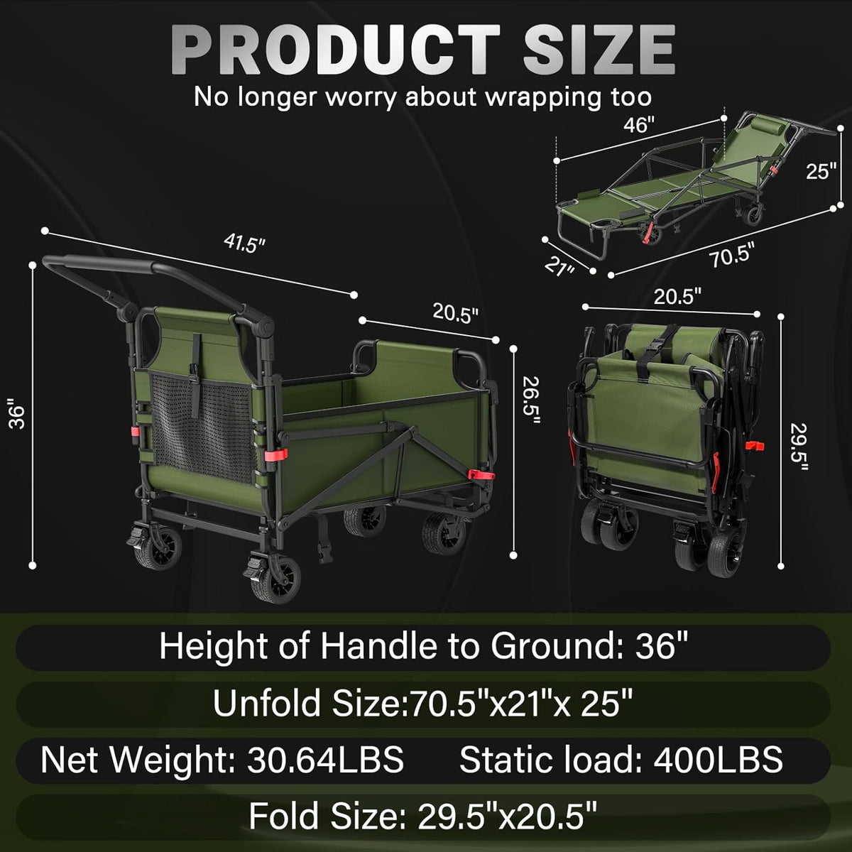 LEVELEVE Heavy Duty Folding Wagon - 2-in-1 Collapsible Cart, 400lb Capacity, All-Terrain Wheels w/Brakes & Side Pockets (Army Green)
