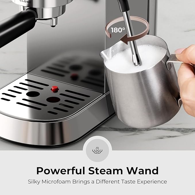 20 Bar Espresso Machine with Milk Frother, Compact Espresso Coffee Maker with Cup Warmer, Self-Cleaning, Auto Shut-Off, 34oz Removable Water Tank for Latte/Cappuccino/Americano, Stainless Steel