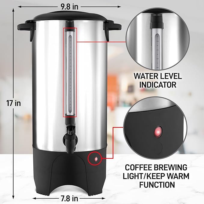Zulay Commercial Coffee Maker Stainless Steel - Coffee Urn With Twist-Lock Lid & Cool-Touch Handles - Quick-Brewing Coffee Maker With Keep-Warm Mode For Events & Catering - 45 Cup Silver