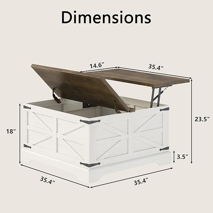 Furnideco 35.5''W Square Coffee Table Farmhouse Lift top Coffee Table with Large Hidden Storage, Wood Center Table for Living Room, Home Office, Brown Top