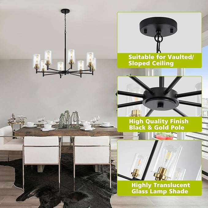 9MMML 8 Lights Black and Gold Chandelier, Modern Glass Ceiling Chandelier Light Fixture, Large Ceiling Hanging Light for Dining Room, Living Room, Bedroom, Kitchen, Over Table, Foyer, E26 Base