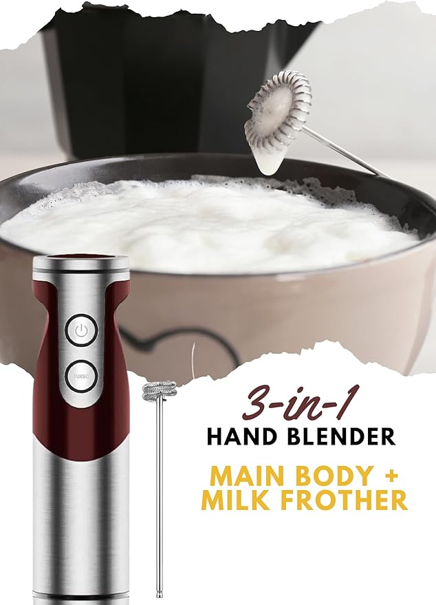 Megawise 3-in-1 Hand Blender – 12-Speed, Includes Powerful Blender Stick, Whisk, and Milk Frother – Easy to Clean and Perfect for Smoothies, and More (Red)