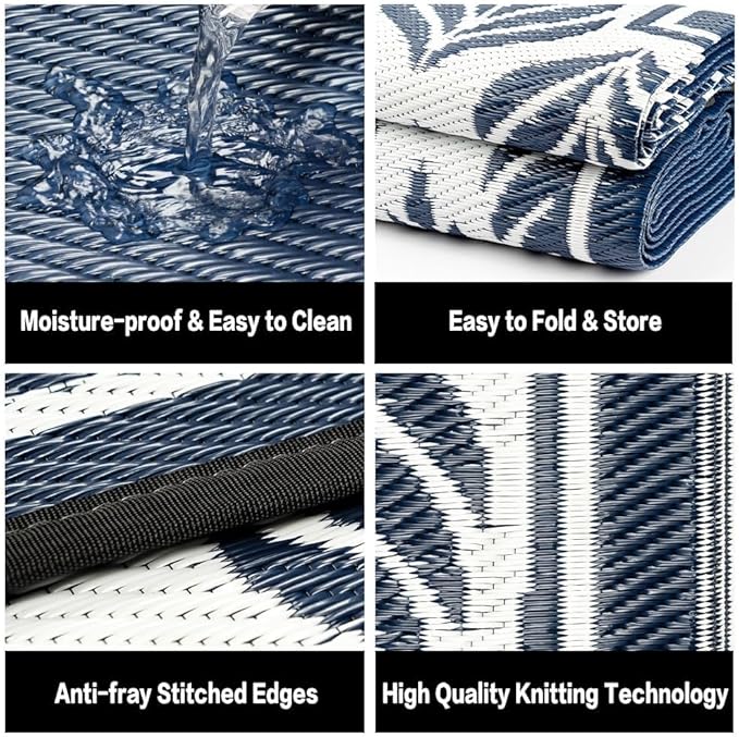Outdoor Plastic Straw Rug, Waterproof Mat, Washable Large Floor Mat and Rug for Outdoors, RV, Beach, Patio, Camping, Backyard, Deck, Picnic, Outside (Olive-Leaf/Dark Blue&White,9x12ft)