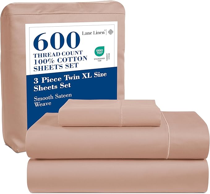 LANE LINEN 100% Cotton 600 TC Twin XL Bed Sheets Set, Machine Wash Fully Elasticized Twin XL Sheet Sets, Luxury Hotel Like Thick Bedding Sheet & Pillowcases, Sateen Weave- Dusty Rose