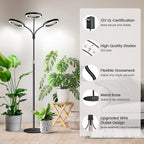 Garpsen Halo Floor Grow Light, Three-Head Full Spectrum LED Plant Light with Base, 5 Dimmable Levels & Timer 6/12/16H, 3 Color Modes Grow Lamp with 252 LEDs, 67''Height Adjustable for Large Plants