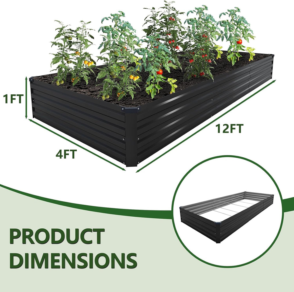 12×4×1FT(2PCS) Galvanized Raised Garden Bed Kit, Metal Planter Boxes，Large Outdoor Planters Garden for Planting Vegetables,Flowers,Herbs -Black