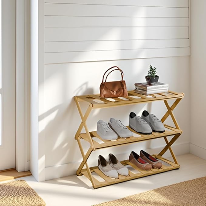 3-Tier Bamboo Shoe Rack, Foldable Shoe Storage Organizer for Closet, Bedroom, Entryway & Living Room - Portable No-Assembly Design, Space-Saving for Shoes & Accessories(3 Tier) (Wood)