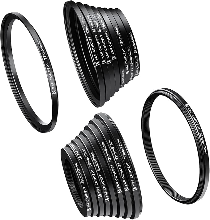 K&F CONCEPT 18 Pieces Filter Ring Adapter Set, Camera Lens Filter Metal Stepping Rings Kit (Includes 9pcs Step Up Ring Set + 9pcs Step Down Ring Set) Black