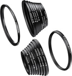 K&F CONCEPT 18 Pieces Filter Ring Adapter Set, Camera Lens Filter Metal Stepping Rings Kit (Includes 9pcs Step Up Ring Set + 9pcs Step Down Ring Set) Black