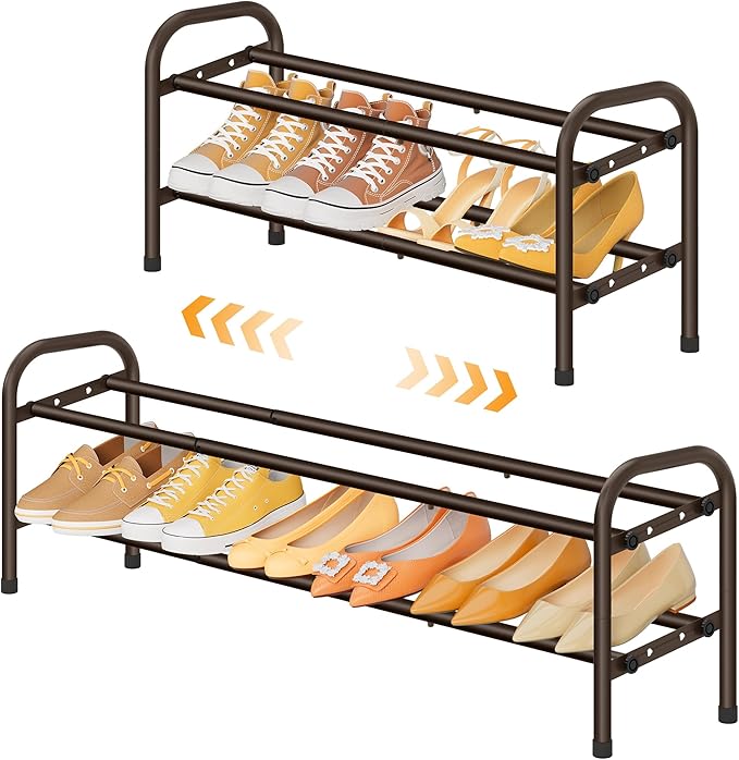 2 Tier Shoe Organizer, Shoe Rack for Closet, 28“ Metal Shelf Can Expandable to 42“, for Bedroom, Entryway, Closet, Garage, Adjustable to 12 Pairs Shoes, Rustic Brown