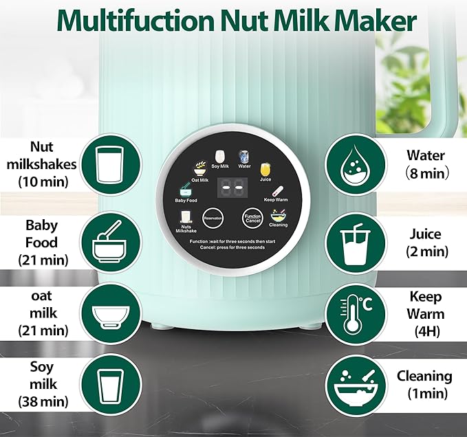 Nut Milk Maker Machine - 8 in 1 Soy Milk Maker Machine 35oz with Self-Cleaning, 18H Delay Start & 4H Keep Warm, Automatic Plant-Based Milk Blender for Almond, Oat, Coconut, Soybean - Green