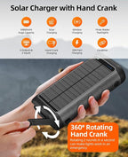 Solar Charger, 59800mAh Portable Power Bank for All Phones, Outdoor Waterproof Battery Pack Built in Hand Crank, 15W Wireless Charger 6 Outputs & 3 Inputs/LED Flashlights, Perfect for Camping Travel