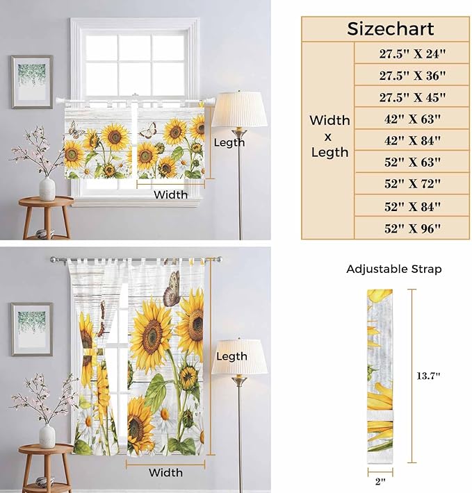 Yellow Sunflowers Bathroom Curtains 63 Inch Length, Window Curtains Tab Top, Vintage Country Flowers Butterfly Wood Board Light Filtering Window Treatments Drapes 52"x63" 2 Panel