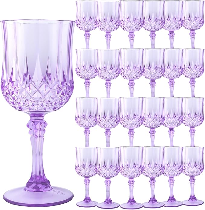 Plastic Wine Glasses，Plastic Goblets Vintage Style Cordial Drinking Glasses for Wedding Reception, Grand Event Party Supplies (24, Purple)