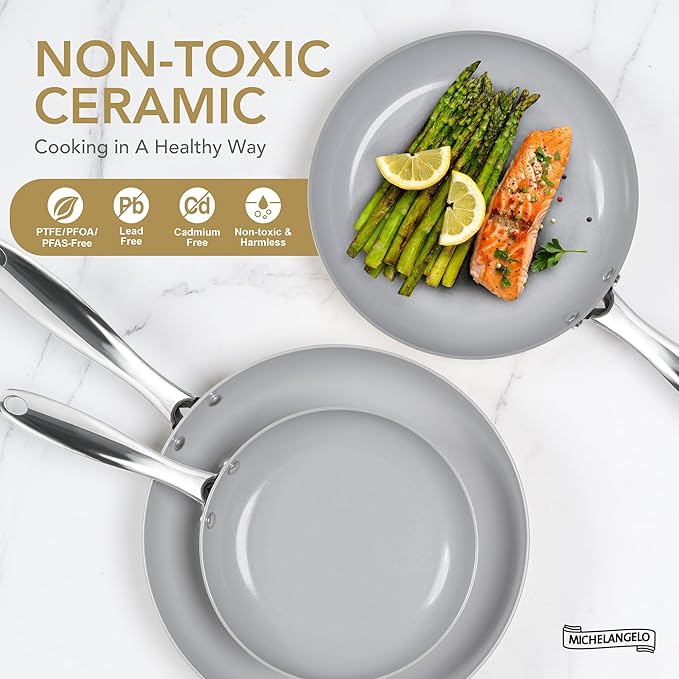 MICHELANGELO Frying Pans Nonstick with Lid - 8 Inch Small Frying Pan, Non Toxic Ceramic Pan with Lid, Non Stick Small Skillet for All Stovetops, Beige