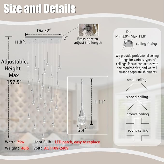 24-Lights Raindrop Chandeliers for Dining Room, Chrome Rectangular Pendant Lights Fixture,Teardrop Pendant Lights Kitchen Island, Adjustable Rectangular Chandelier for Entryway Foyer High Ceiling