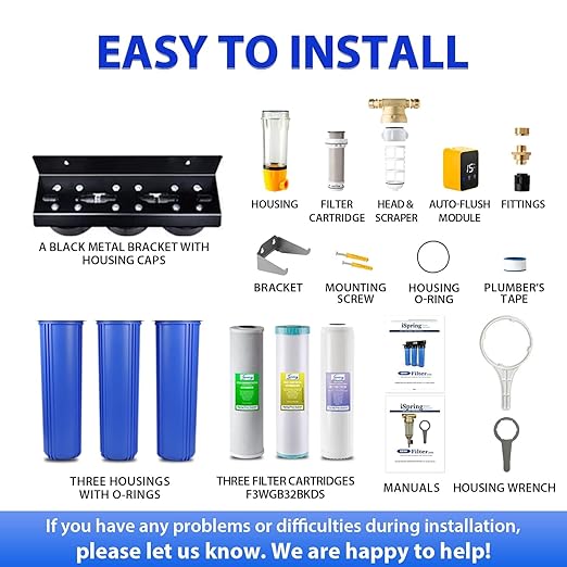 iSpring Whole House Water Filter System w/Auto-Flushing Spin Down Sediment Filter, Water Descaler, GAC+KDF, and Carbon Block Filter, WGB32B-KDS+WSP50ARB