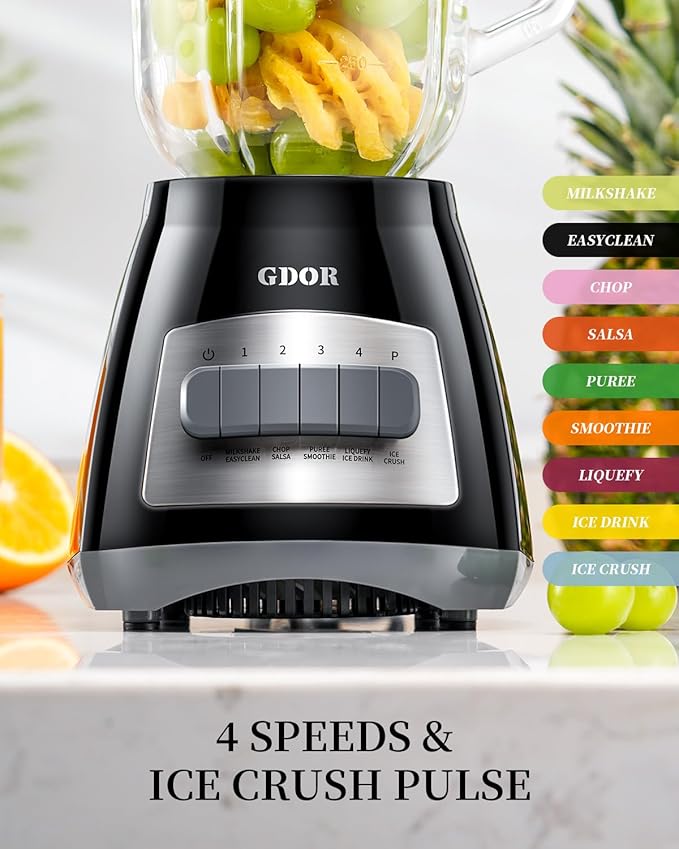 GDOR Blenders for Smoothies, 52 Oz Glass Jar Smoothie Blender, Countertop Blender & Grinder Combo, 9 Functions with 5 speeds for Shakes, Puree, Crush Ice, and Chop, Max 700W